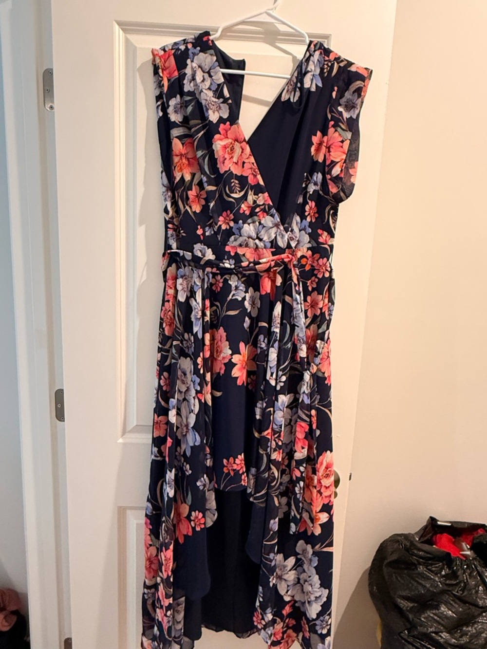 Eliza J Navy High-Low Floral Wrap Dress with Pink & Cream Blooms
